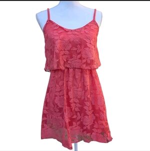 Coral Pink Floral Mesh Mini Dress Lace Overlay Size S Y2K My Michelle Tiered